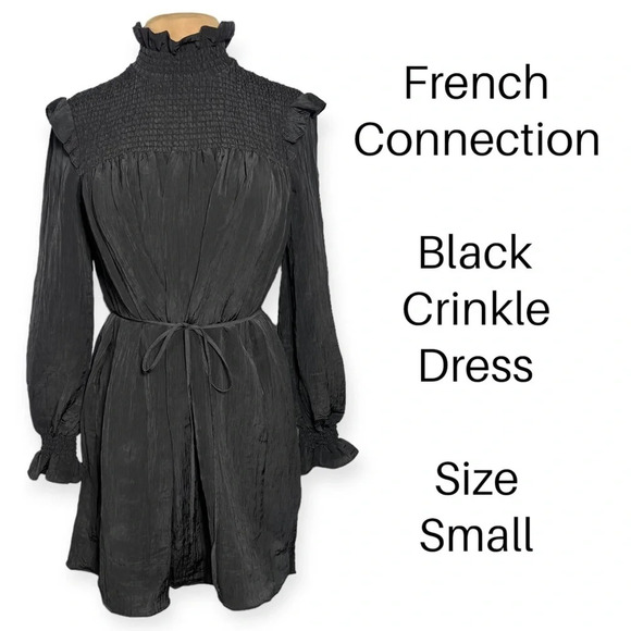 French Connection black boza crinkle dress long sleeve mock neck smocked size S - Picture 3 of 9